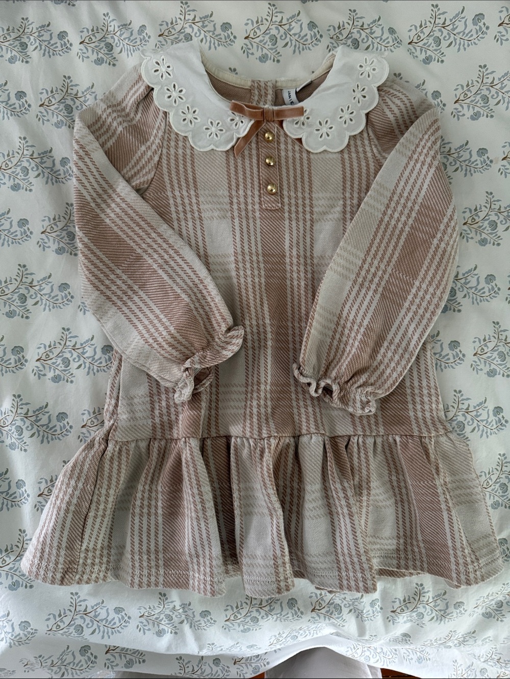 Janie & Jack Girls' Plaid Ruffle Hem Dress with Eyelet Collar - Beige/Pink